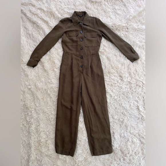 Massimo Dutti utility long sleeve jumpsuit button up lyocell khaki green size 2 - Picture 1 of 11